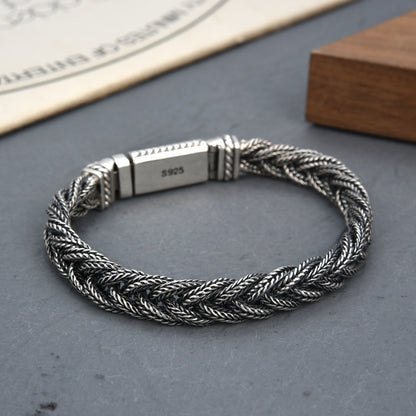 Sterling Silver Safety Pattern Woven Fox Tail Bracelet For Men