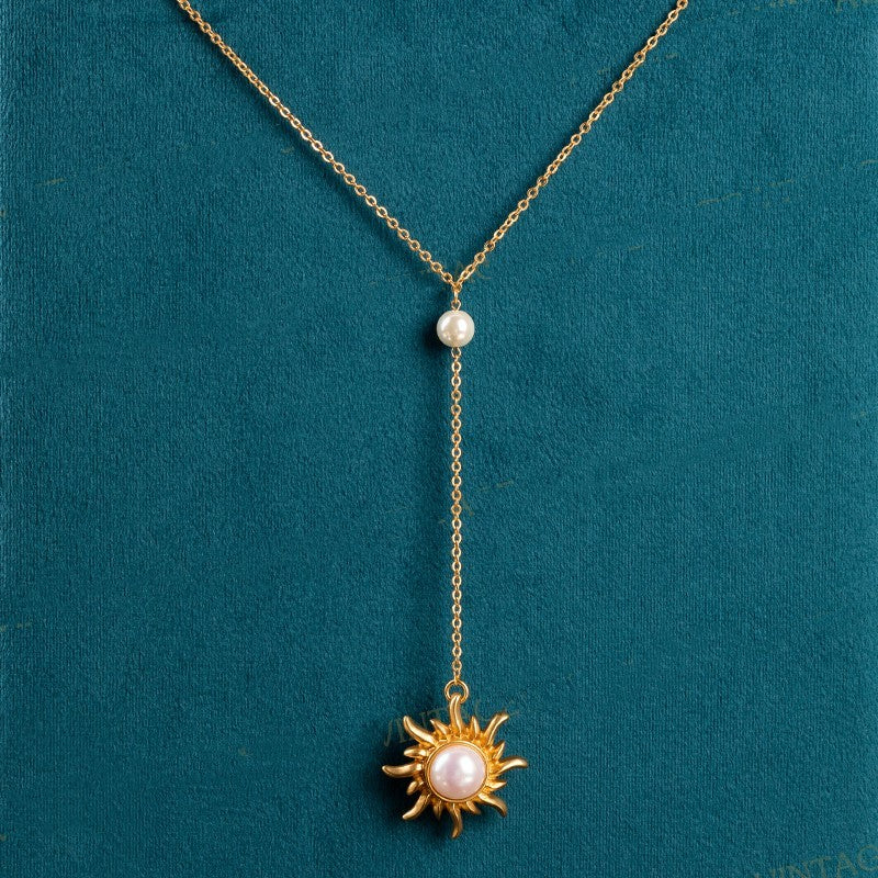 SUNFLOWER Pearl Brass Plated With Real Gold Ear Stud Necklace