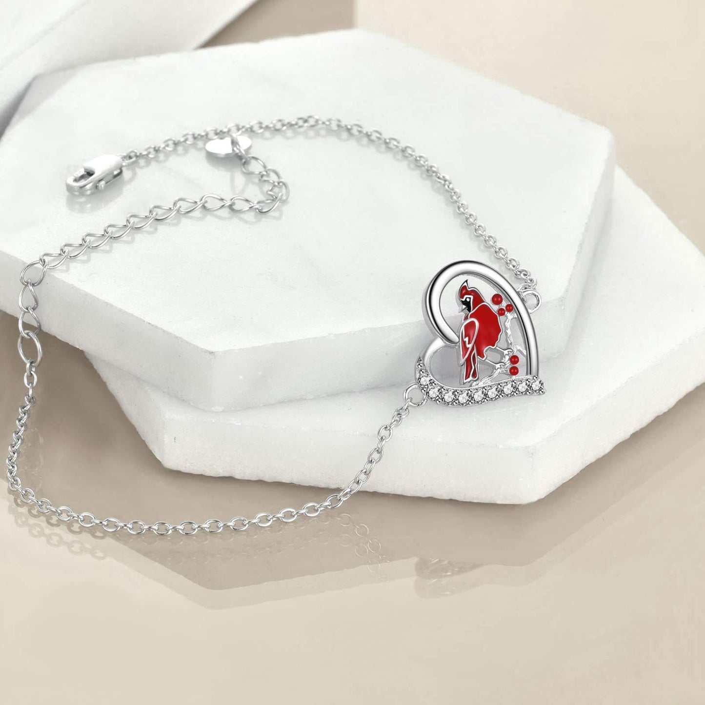 Red Cardinal Heart Shaped Zircon Sterling Silver Anklet Jewelry Gift for Women