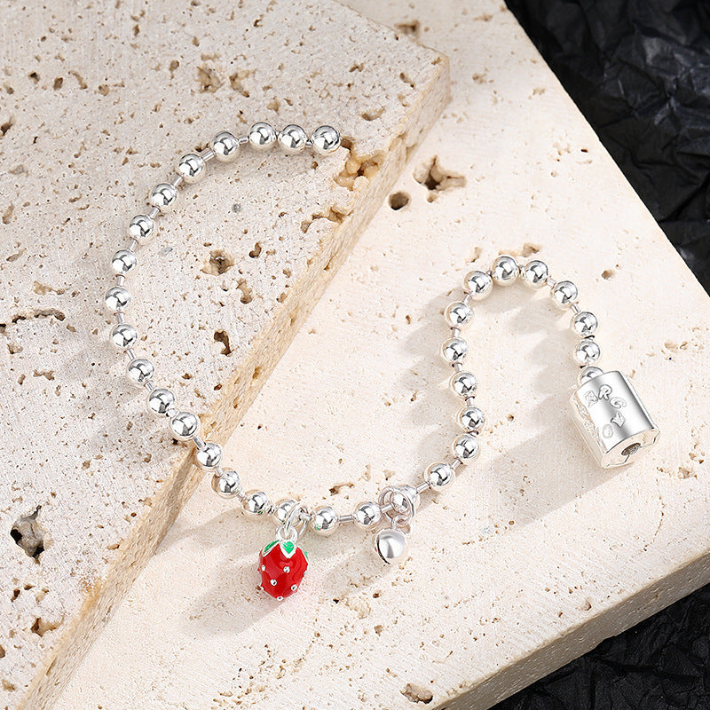 Sterling Silver S925 Small Strawberry Bell Silver Bead Parent-child Bracelet Female Transit Fashion DIY