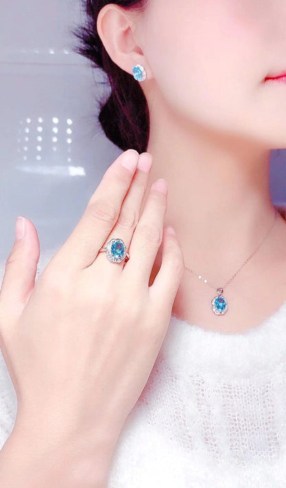 Natural Blue Topaz Set Noble Light Luxury 925 Silver Inlaid Necklace Women's Jewelry