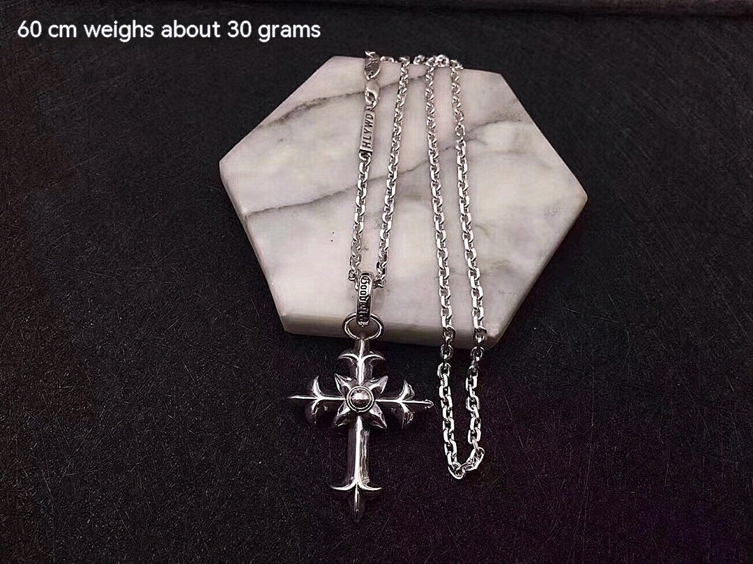 Silver Sweater Chain European And American Street Hip Hop Trendy Men's Personality Cross Pendant Thai Silver Retro Chain Set