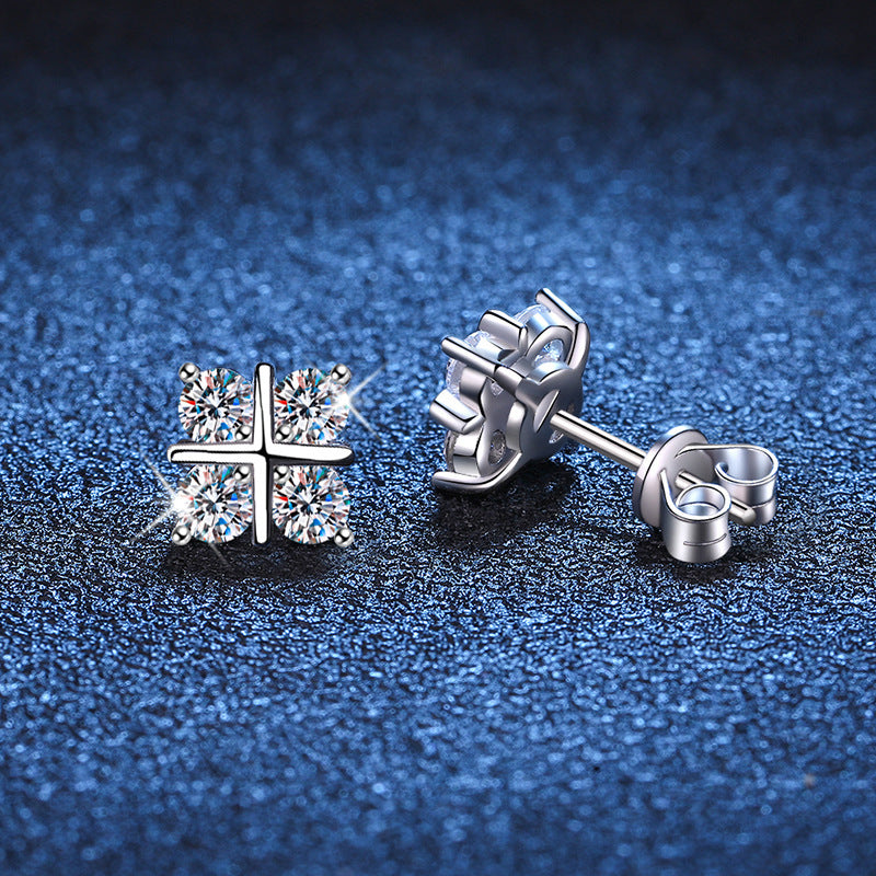 S925 Silver Stud Moissanite Classic Cross Platinum Plated Elegant And Simple Earrings