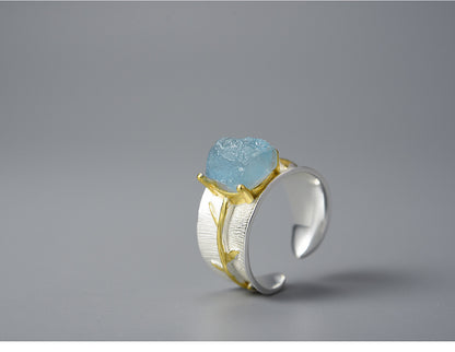 S925 Women's Long Leaf Aquamarine Ring