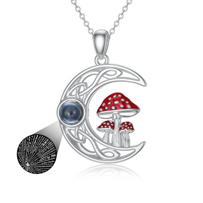 Collier avec projection de pierre et lune en forme de champignon en argent sterling avec inscription « Je t'aime » en 100 langues