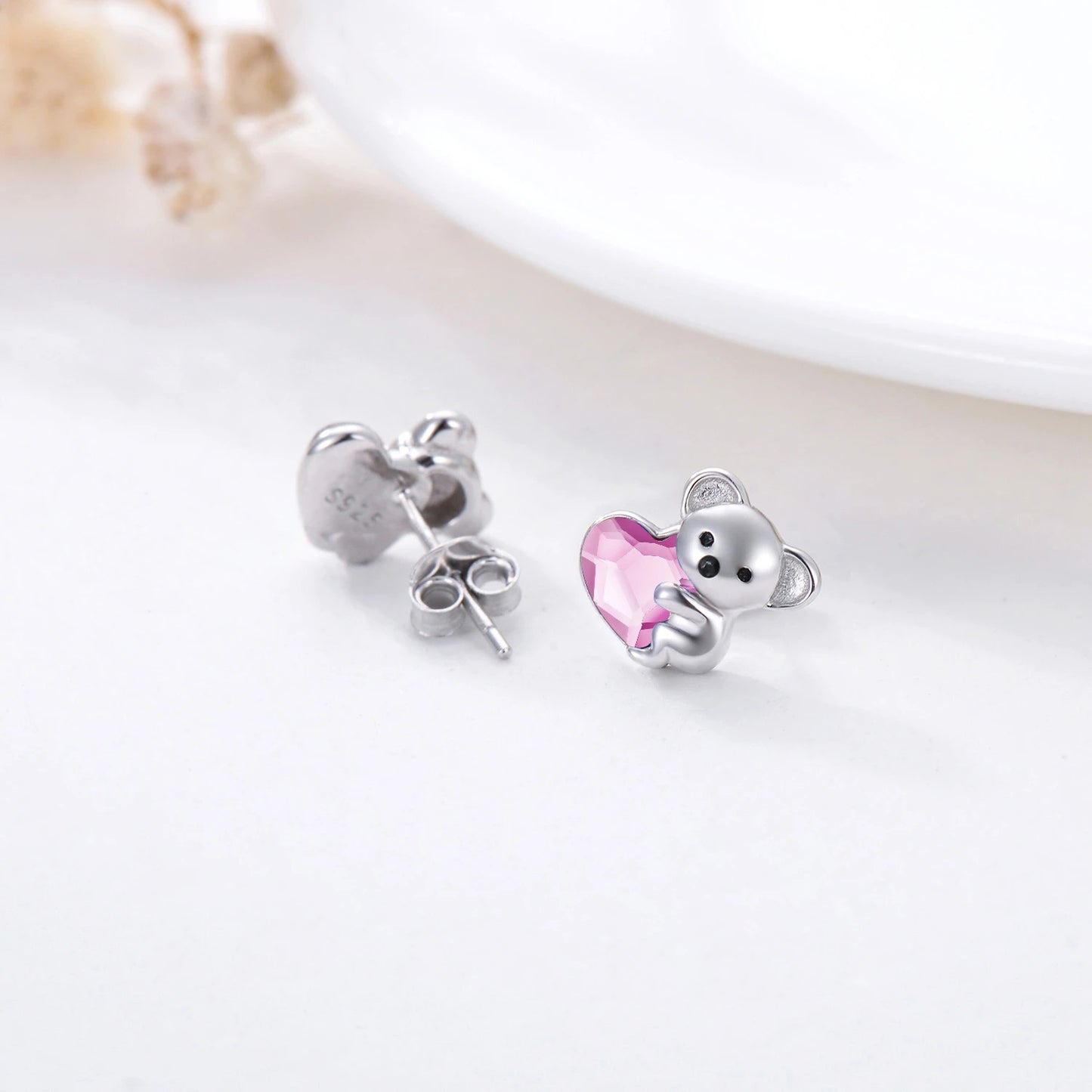 925 Sterling Silver Koala Bear Cute Animal Hypoallergenic Heart Crystal Earrings Jewellery