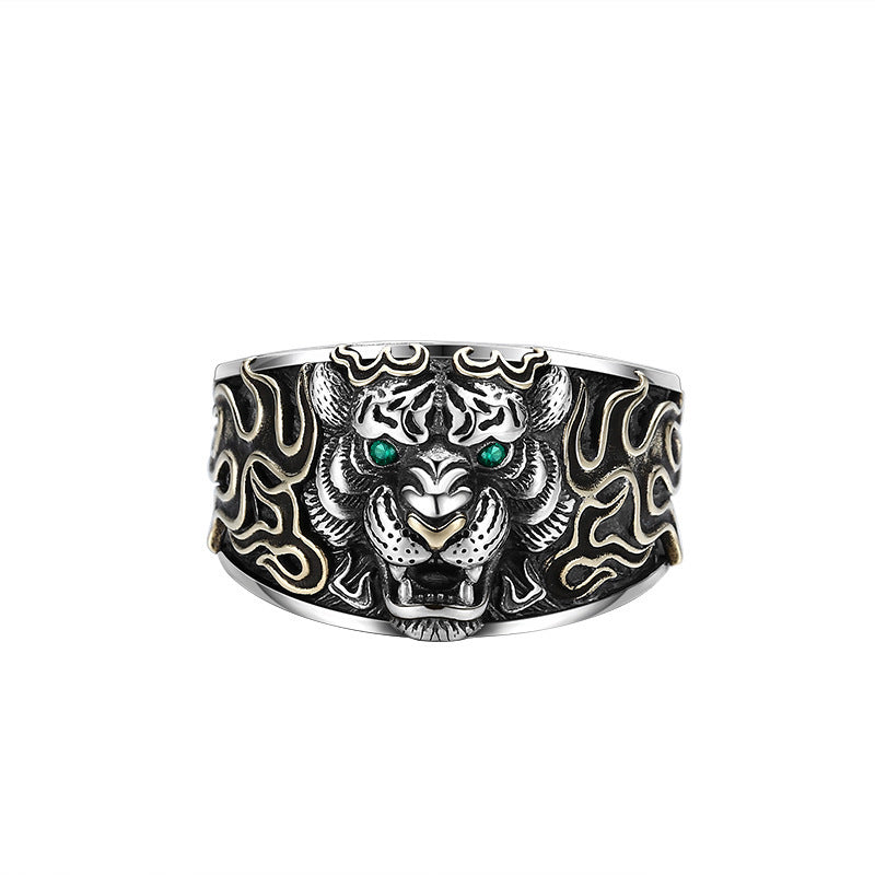 925 Sterling Silver Tiger Head Retro Adjustable Ring