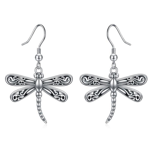 Boucles d'oreilles pendantes en forme de libellule en argent sterling oxydé