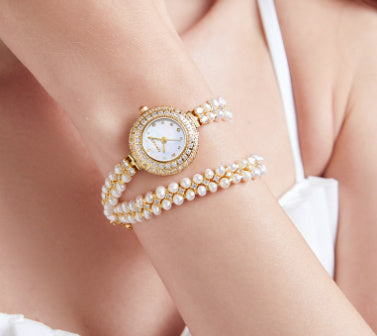 Reloj de perlas de agua dulce, joyería de moda de lujo asequible, lleno de diamantes para damas