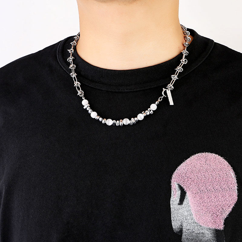 Collar con ópalo y perlas cosidas para hombre en plata de ley con cadena para clavícula