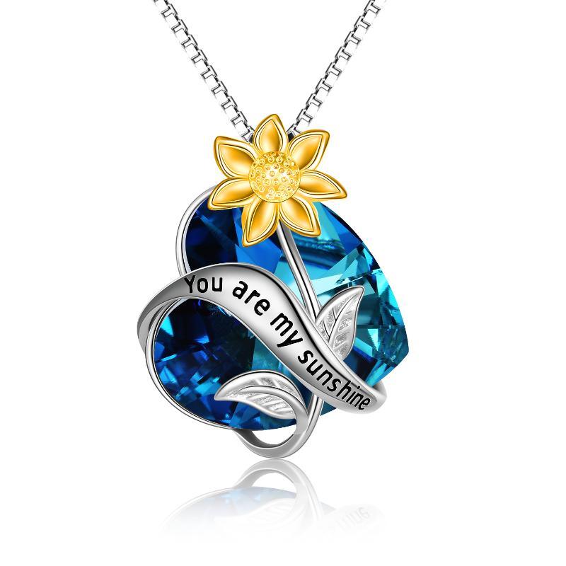 You Are My Sunshine Sunflower Pendant Necklace In Sterling Silver With Crystal