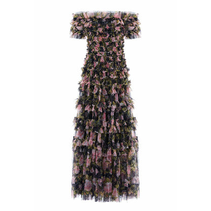 Floral Print Tulle Skirt Women's High Waist Dress