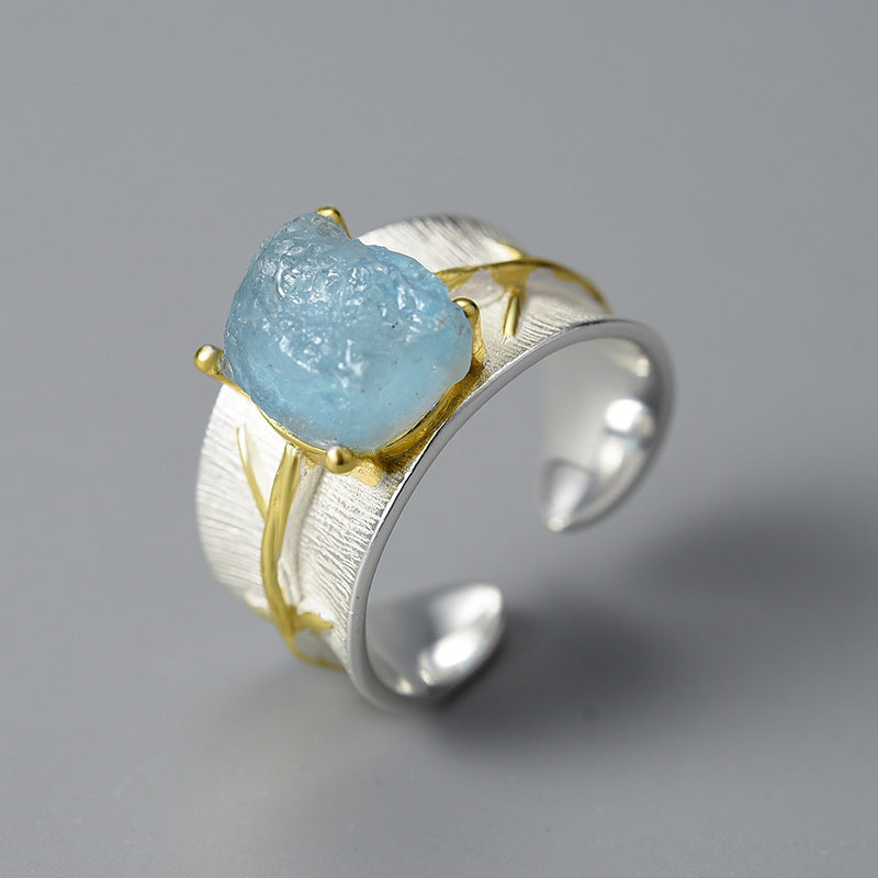 S925 Women's Long Leaf Aquamarine Ring