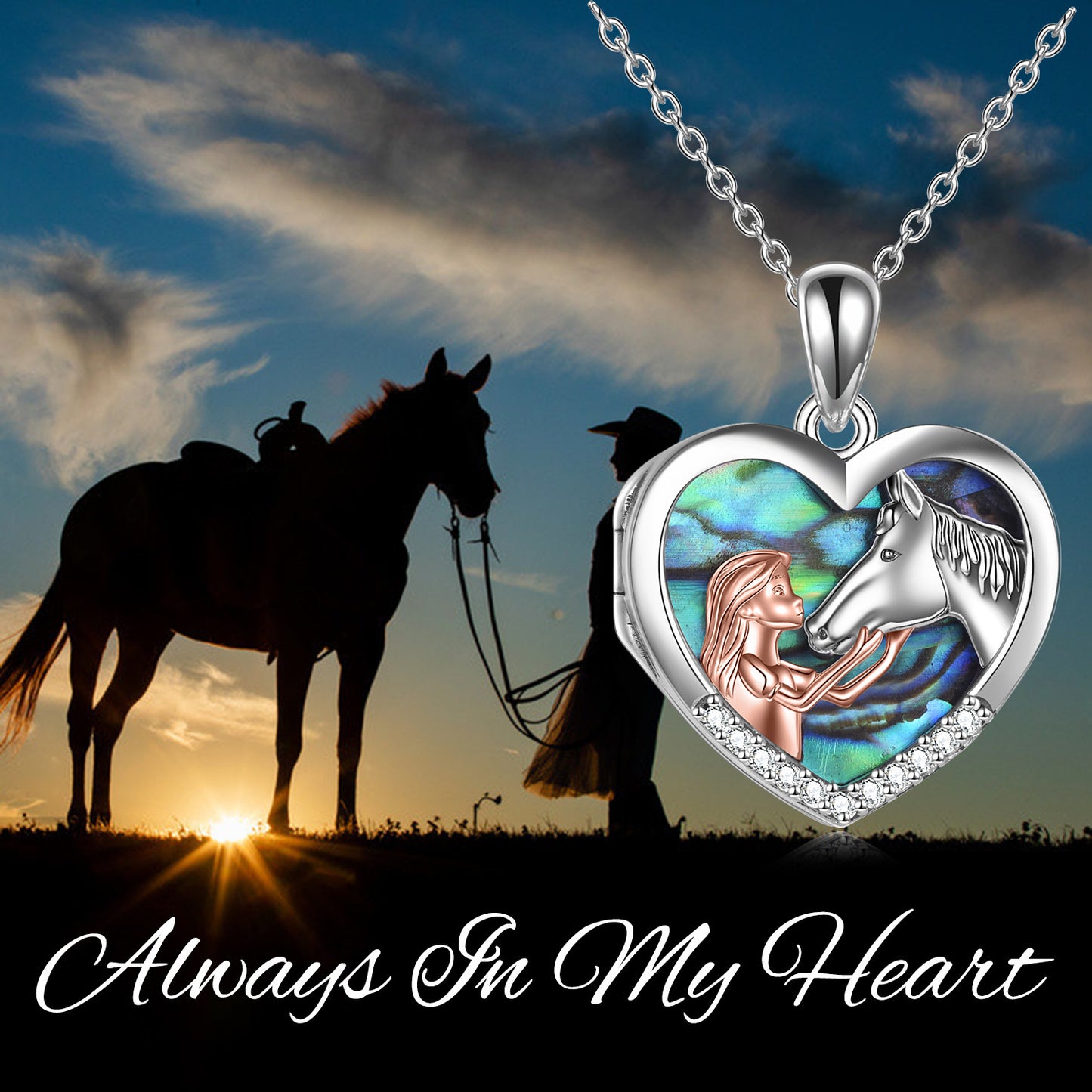 Collar con colgante de corazón de caballo y niña, regalo para ella