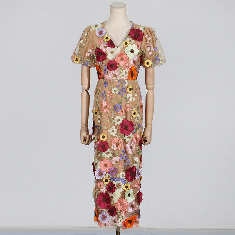 Spring New Elegant Embroidery Crocheted Flower Long Dress