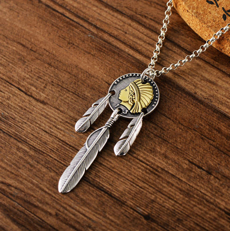 Sterling Silver Vintage Thai Silver Fashion Indian Feather Trendy Men's Portrait Pendant