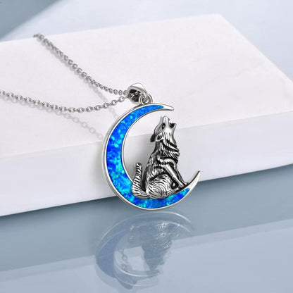 Sterling Silver Wolf Opal Moon Pendant Necklace Gifts for Women