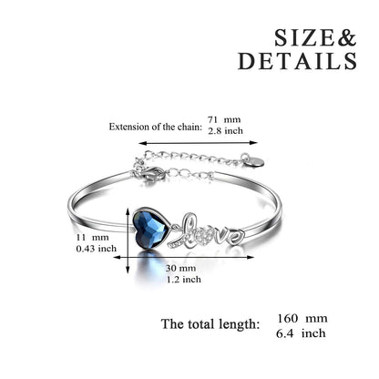 Pulsera de plata de ley bañada en oro blanco con cristales azules de Austria y corazón de amor