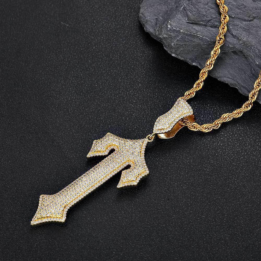 Hip Hop Sword Cross Pendant Necklace Micro Inlaid Zircon