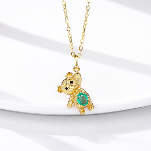 S925 Silver Set Dan Shaped Natural Emerald Necklace Bears Pendant