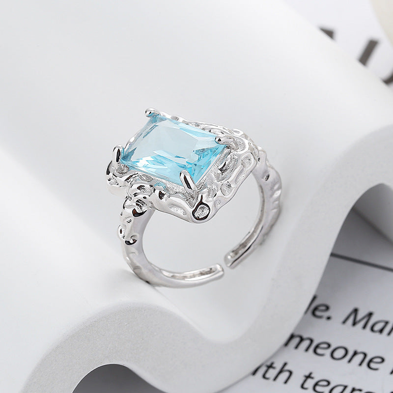 S925 Sterling Silver Tinfoil Texture Ice Blue Open Ring