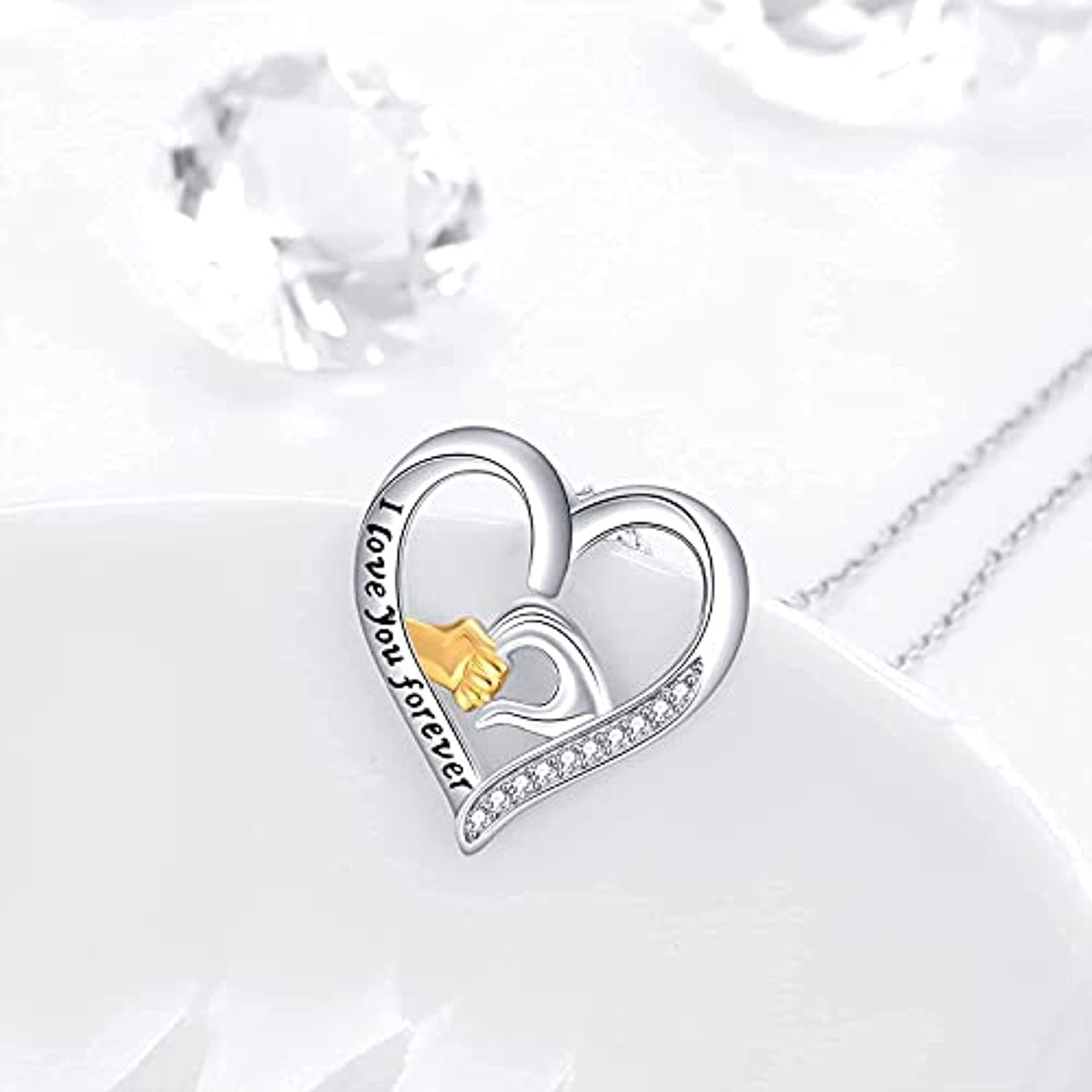 Mother and Child Hands Love Heart Pendant Necklace Jewelry for Women I Love You Forever