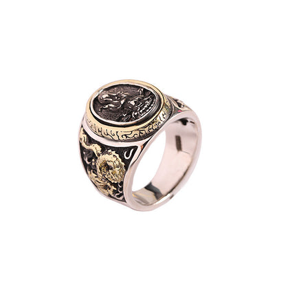 S925 Silver Antique Finish Silver Jewelry Trendy Personality Hip Hop Style South Sea Guanyin Ring Men's Ring