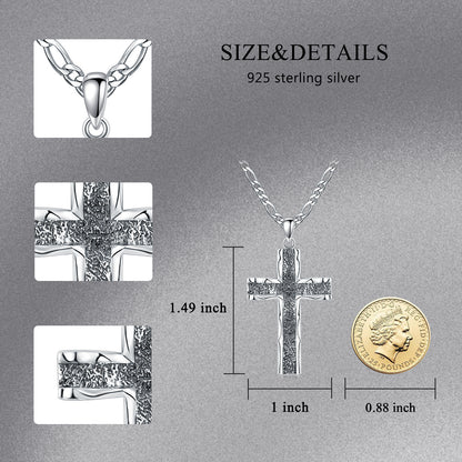 Pendentif croix en argent sterling 925 avec chaîne Figaro en acier inoxydable Collier croix oxydée Bijoux chrétiens