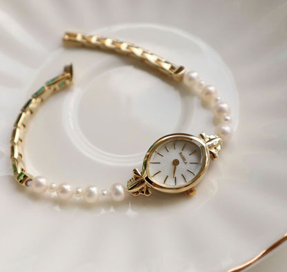 Reloj de pulsera con correa de perla de agua dulce natural, exquisito reloj de cuarzo para mujer