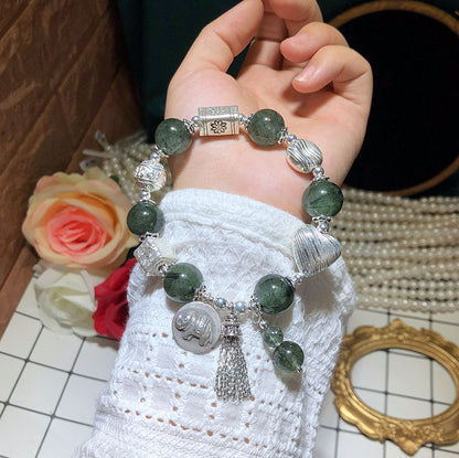 Vintage Silver Jewelry Diy Green Quartz Rutilated 925 Silver Elephant Tassel Bracelet