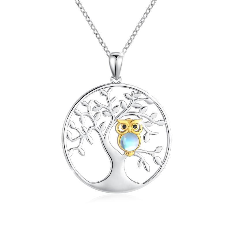 Collier avec pendentif hibou en argent sterling 925 avec arbre de vie et pierre de lune