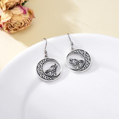 Boucles d'oreilles pendantes en argent sterling avec motif lune celtique et loup