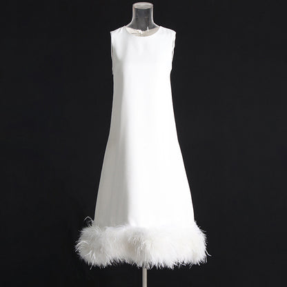 New Fashion Round Neck Lace-up Hem Stitching Feather Dress