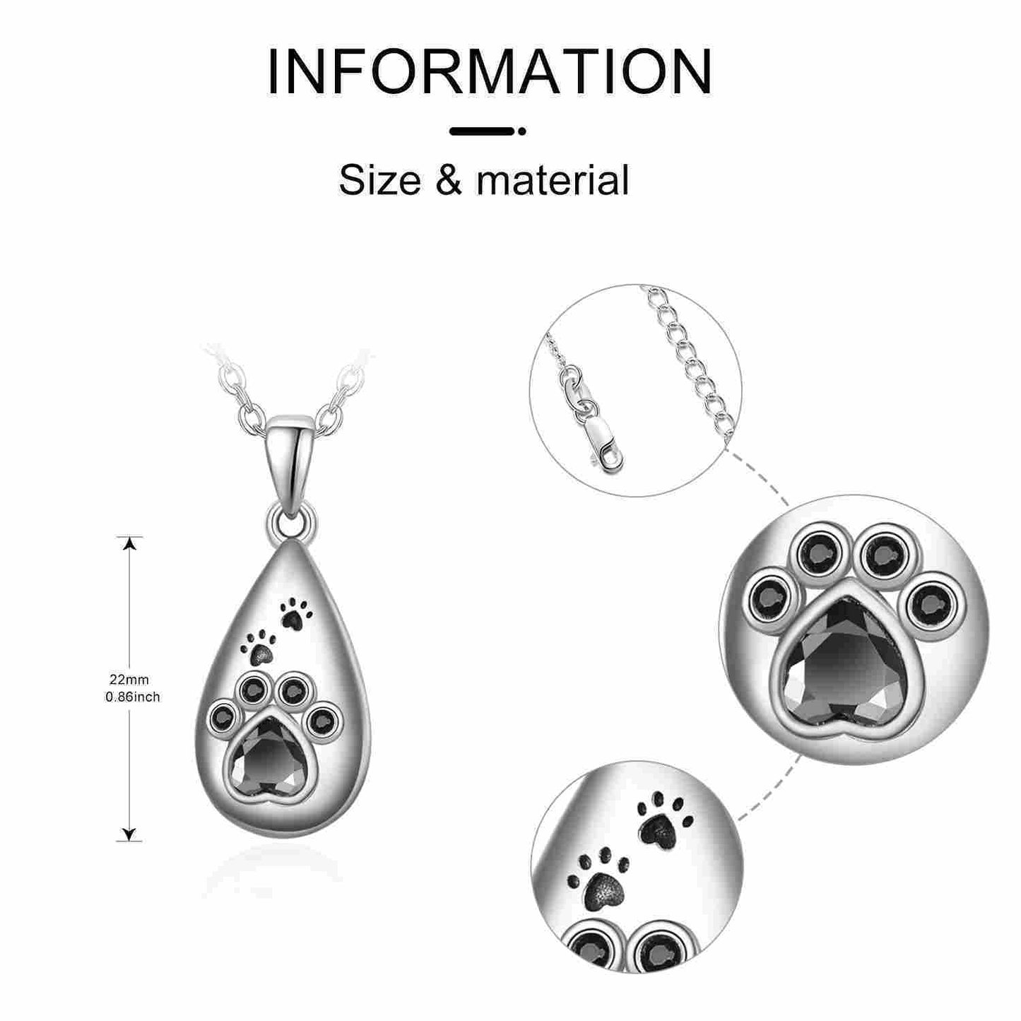 Collar conmemorativo de urna en forma de lágrima con forma de pata de animal en plata esterlina para mujer