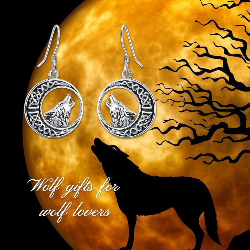 Wolf Celtic Moon Dangle Drop Earrings in Sterling Silver