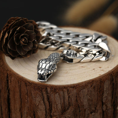 Sterling Silver Wrist Chain Ornament Trendy Thai Silver Hipster Snake Head Buckle Nude Men's Bracelet