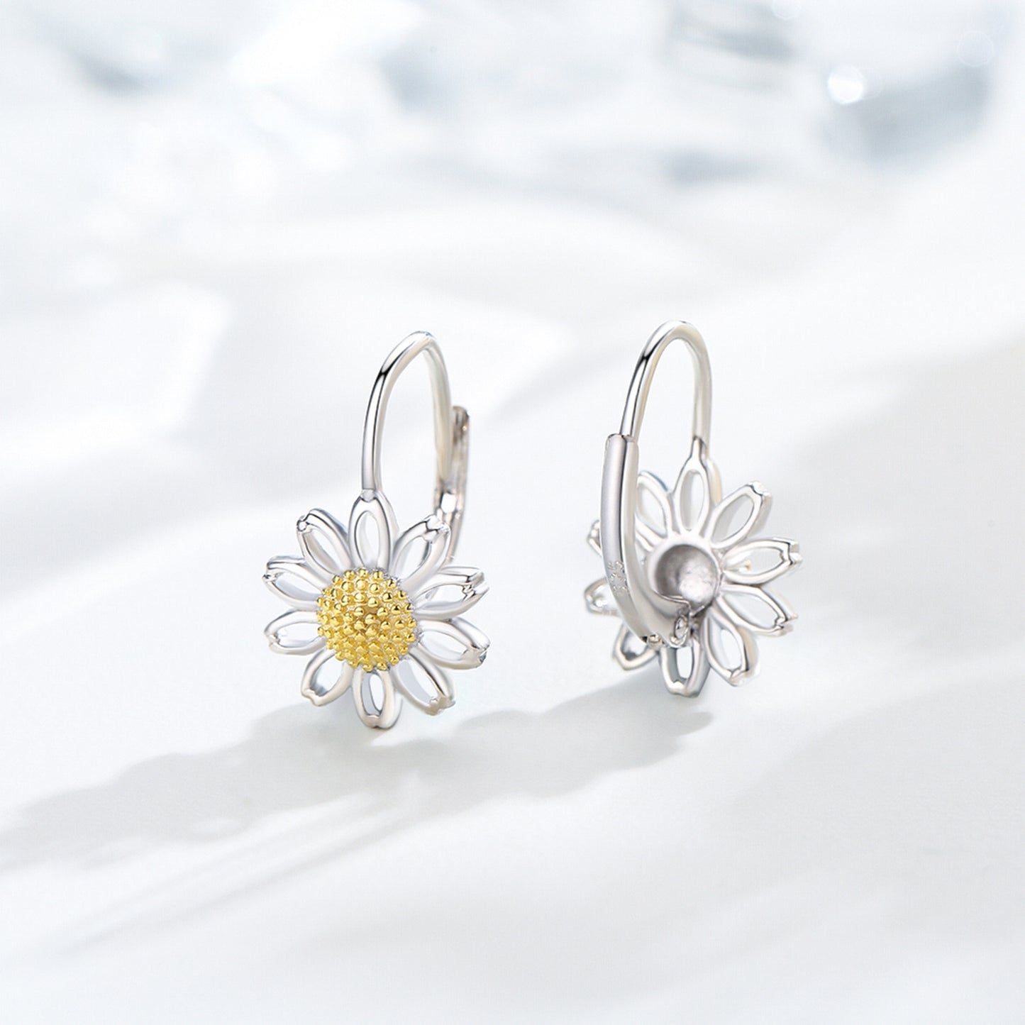 Daisy Leverback Hoop Earrings in White Gold Plated Sterling Silver