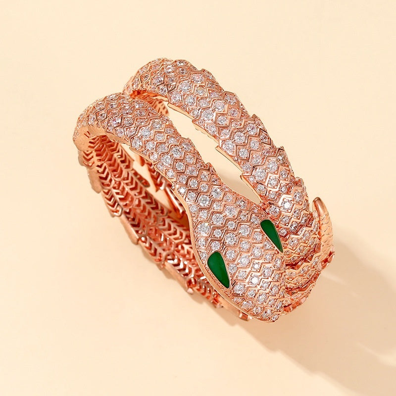 Bracelet serpent aux yeux verts vintage en platine plaqué zircon et diamants