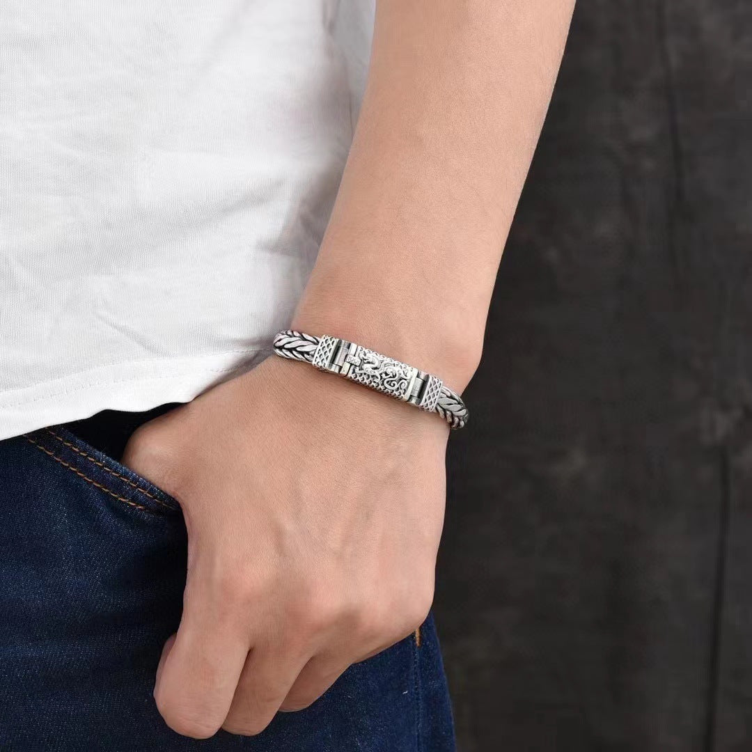 Pulsera con diseño de dragón de estilo nacional en plata de ley S925 tejida a mano con el zodíaco