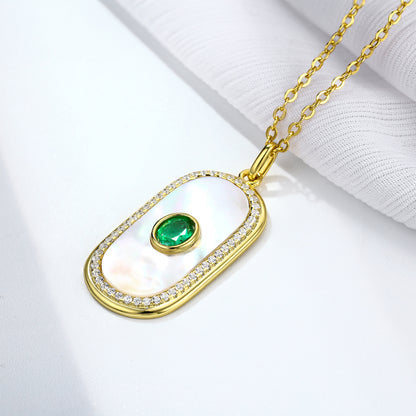 Natural Emerald Pendant S925 Silver Inlaid Fritillaria Necklace Personality Geometric Round Card Shaped Pendant