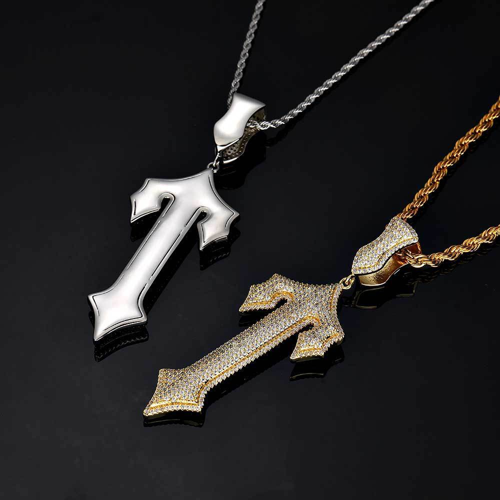 Hip Hop Sword Cross Pendant Necklace Micro Inlaid Zircon