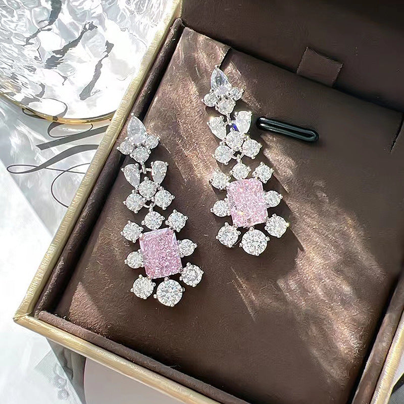 Silver Rectangular Diamond Ice Flower Cut Ear Studs