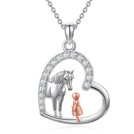 Sterling Silver Heart Horse and Girl Pendant Necklace Jewelry Gifts for Women Girls Kids