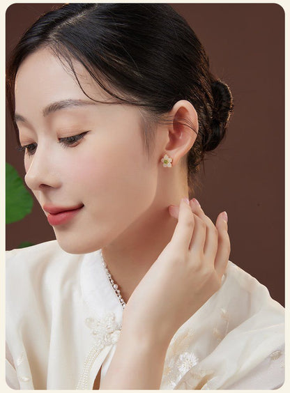 Natural Hetian Jade 925 Sterling Silver Flower Ear Studs