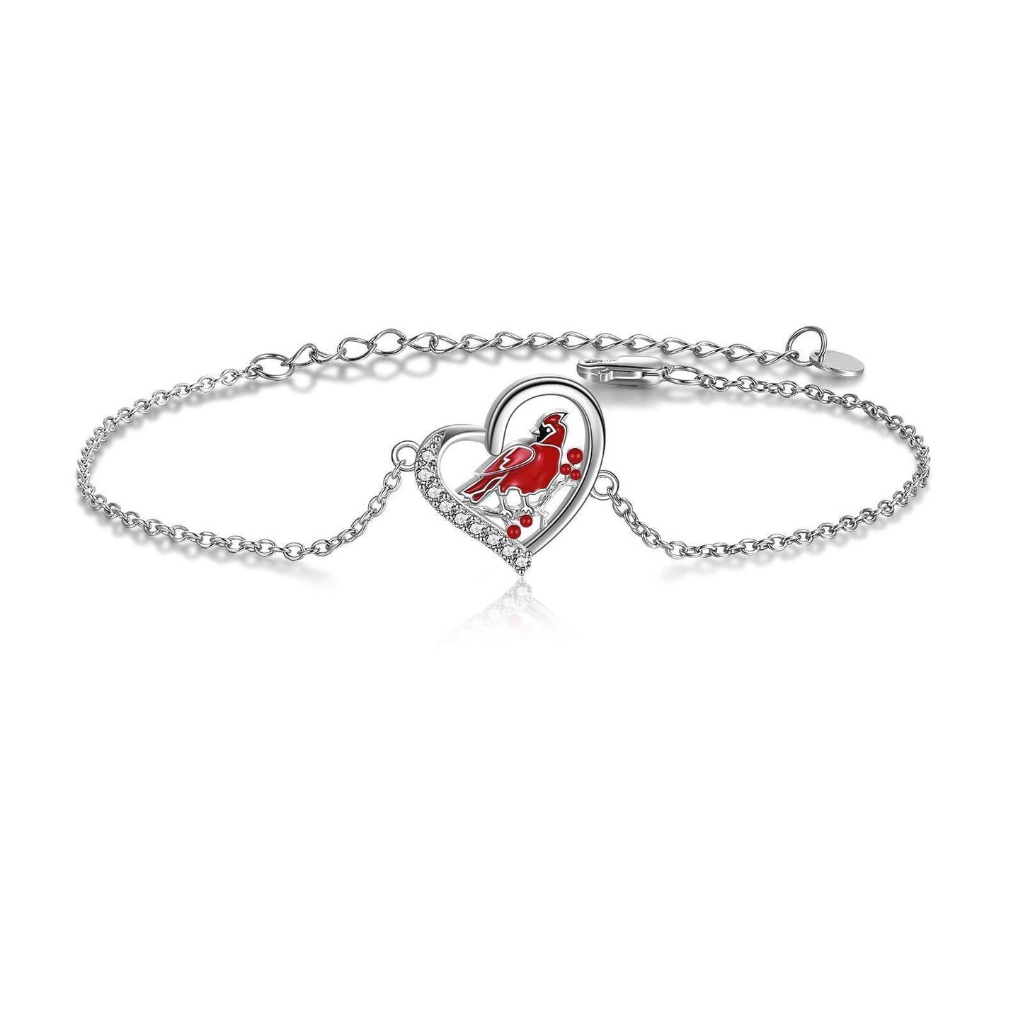 Tobillero de plata de ley con circonita en forma de corazón de cardenal rojo, regalo de joyería para mujer