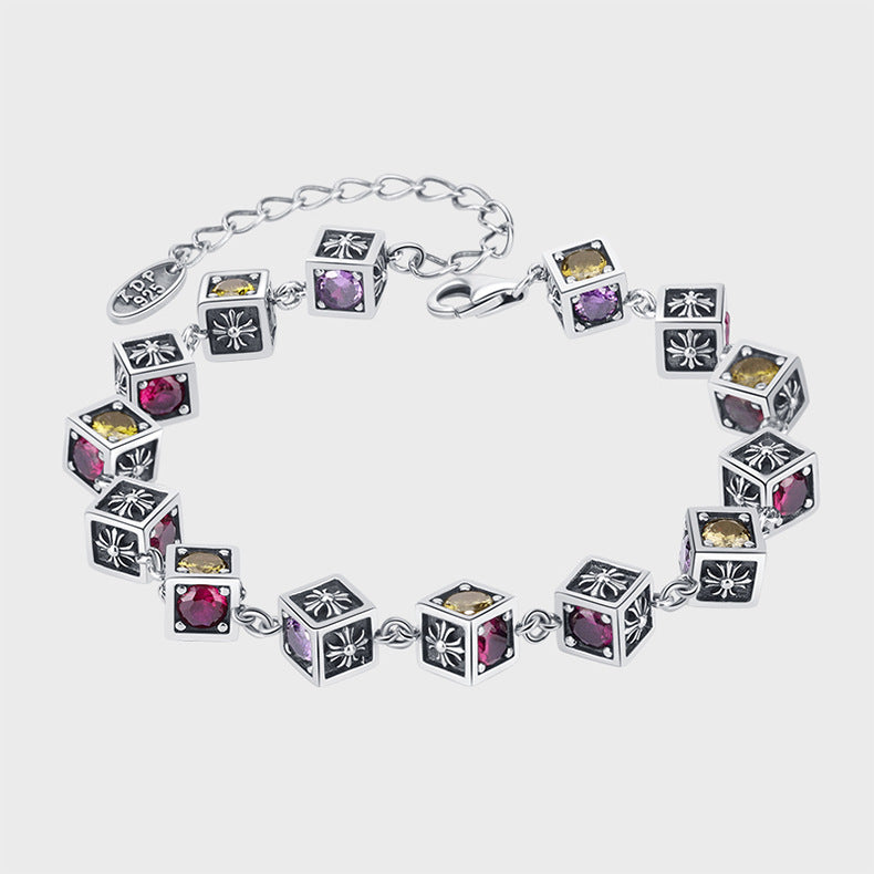 925 Sterling Silver Tide Square Cross Rainbow Zircon Dice Bracelet