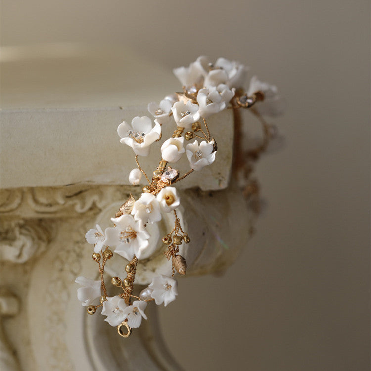 Ceramic Flower Cherry Blossom Complex Pearl Hair Hoop Bride Headdress