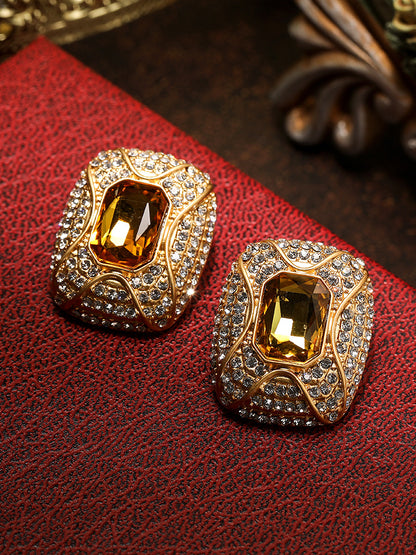 Square Full Zircon Citrine Silver Pin Earrings