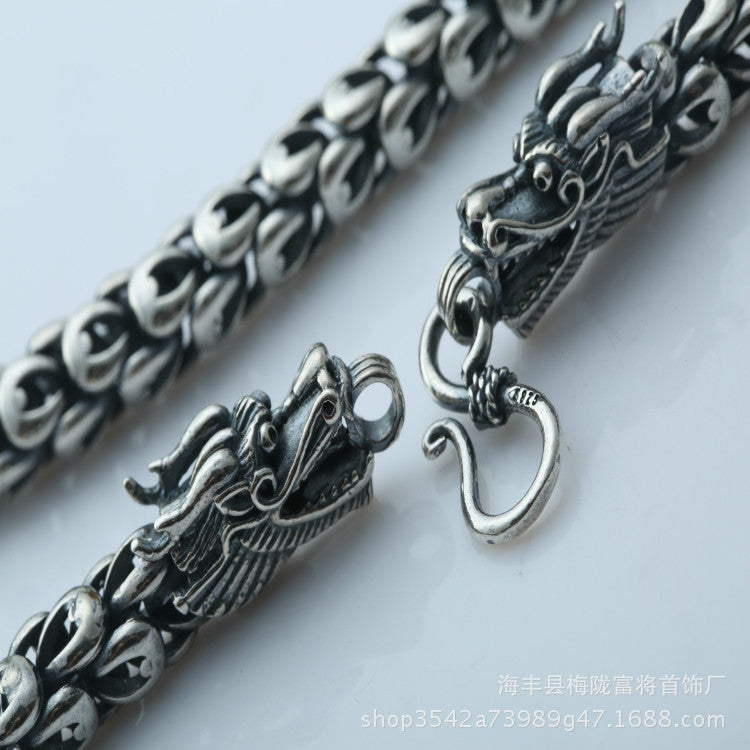 Collier à double tête de dragon chinois en écailles de dragon en argent S925 vintage