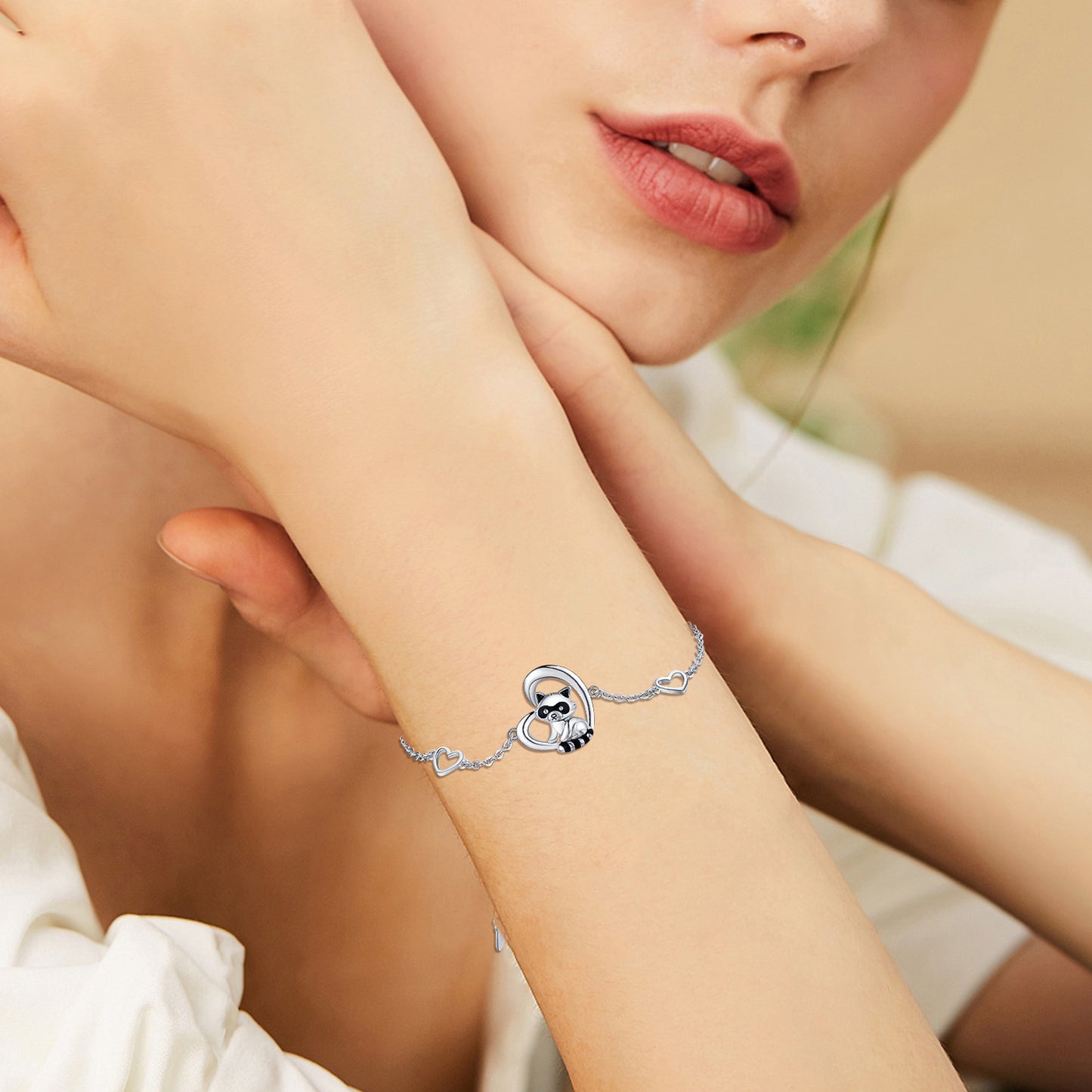 Bracelet en argent sterling 925 avec breloque en forme de cœur et raton laveur, bijoux animaux, cadeaux pour femmes, filles et adolescentes